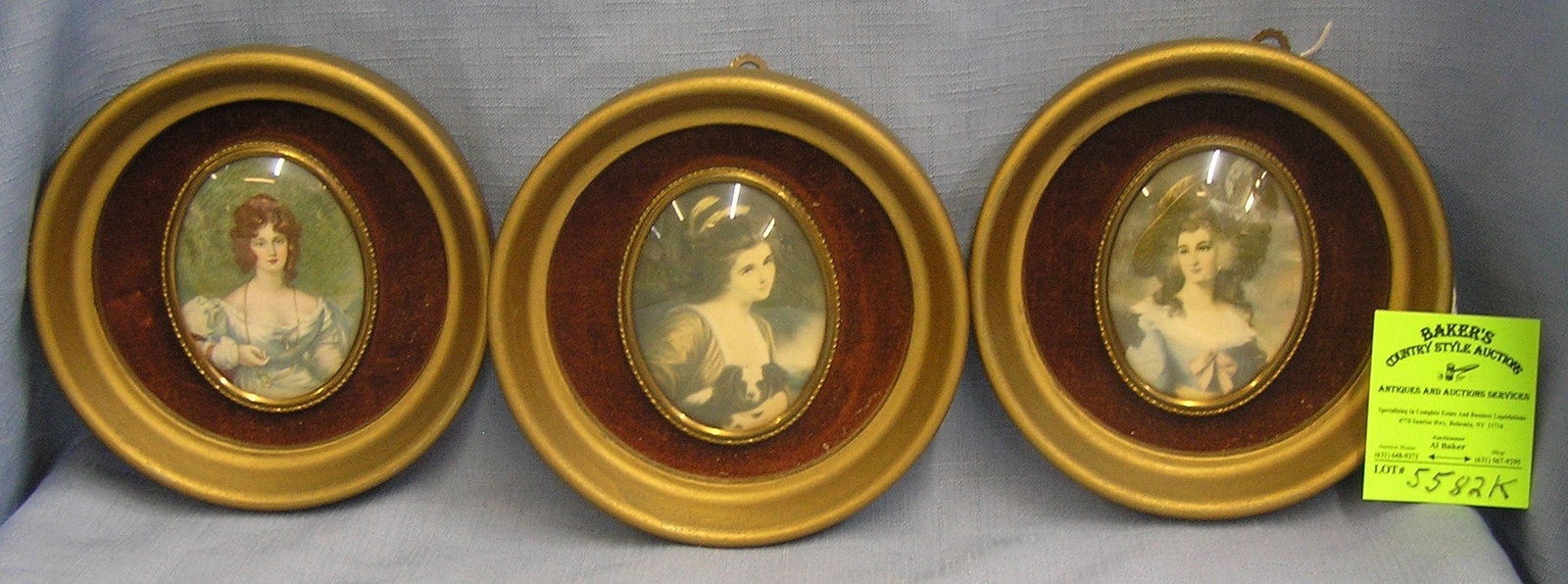 Group of 3 vintage Miniature framed portraits: Group of 3 vintage Miniature framed portraits by Cameo Creations includes Lady Sheffield, Lady Hamilton, Mrs. Crocker nice gold frames with beveled glass est. value $125.00-$150.00