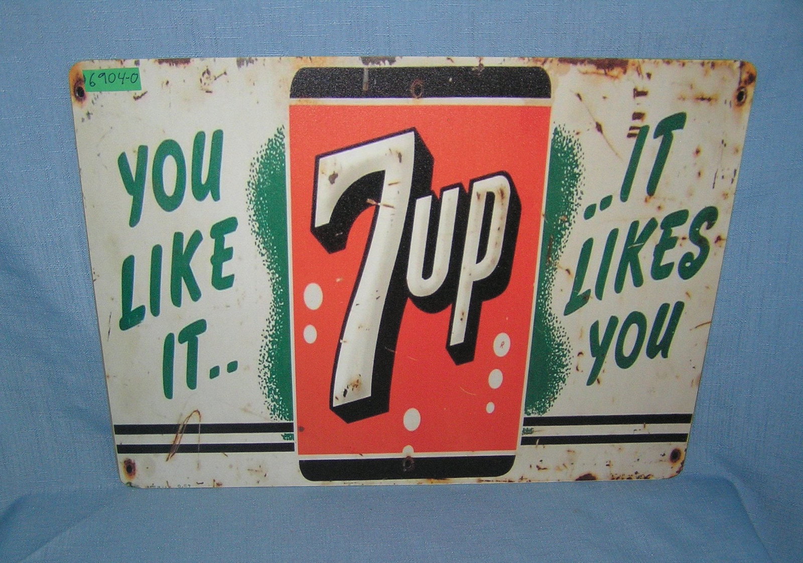 7up Soda retro style advertising sign: 7up Soda retro style advertising sign printed on PVC hardboard these signs are auctioned for their decorative and display purposes 12 inches by 16 inches est. value $50.00-$60.00