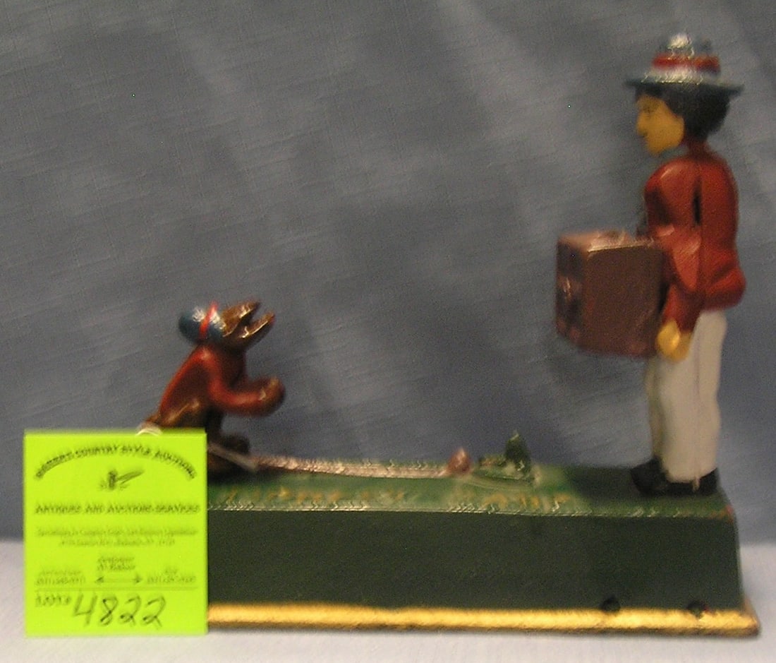 Monkey and Organ Grinder mechanical bank: Vintage all hand painted cast iron Monkey and Organ Grinder mechanical bank circa 1970?s $350.00-$375.00