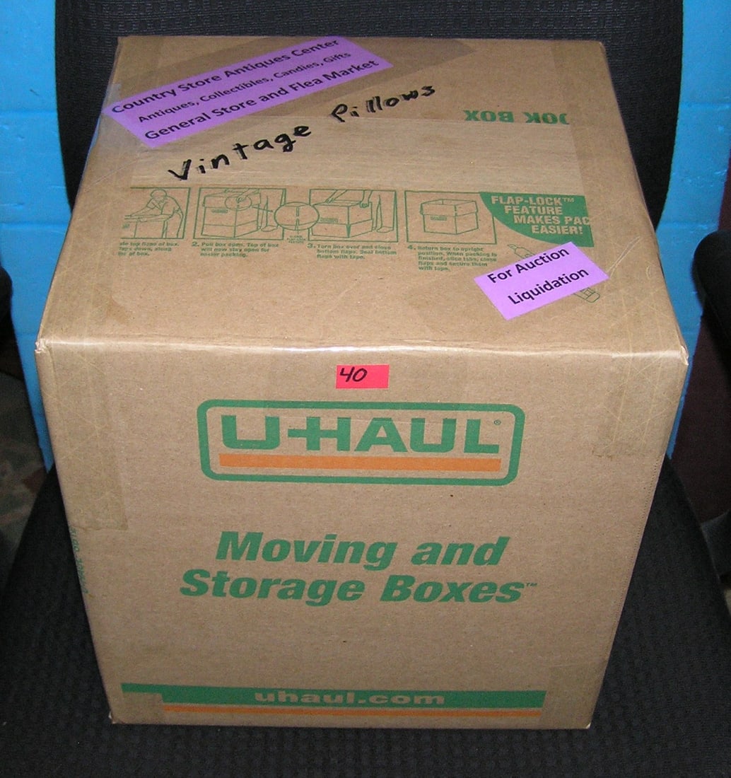 Moving and Storage Company mystery box lot: Moving and Storage Company mystery box lot marked The Country Store Antiques Center: Antiques, Collectibles, Candies, Gifts, Vintage Pillows, General Store and Flea Market part of a moving and storage