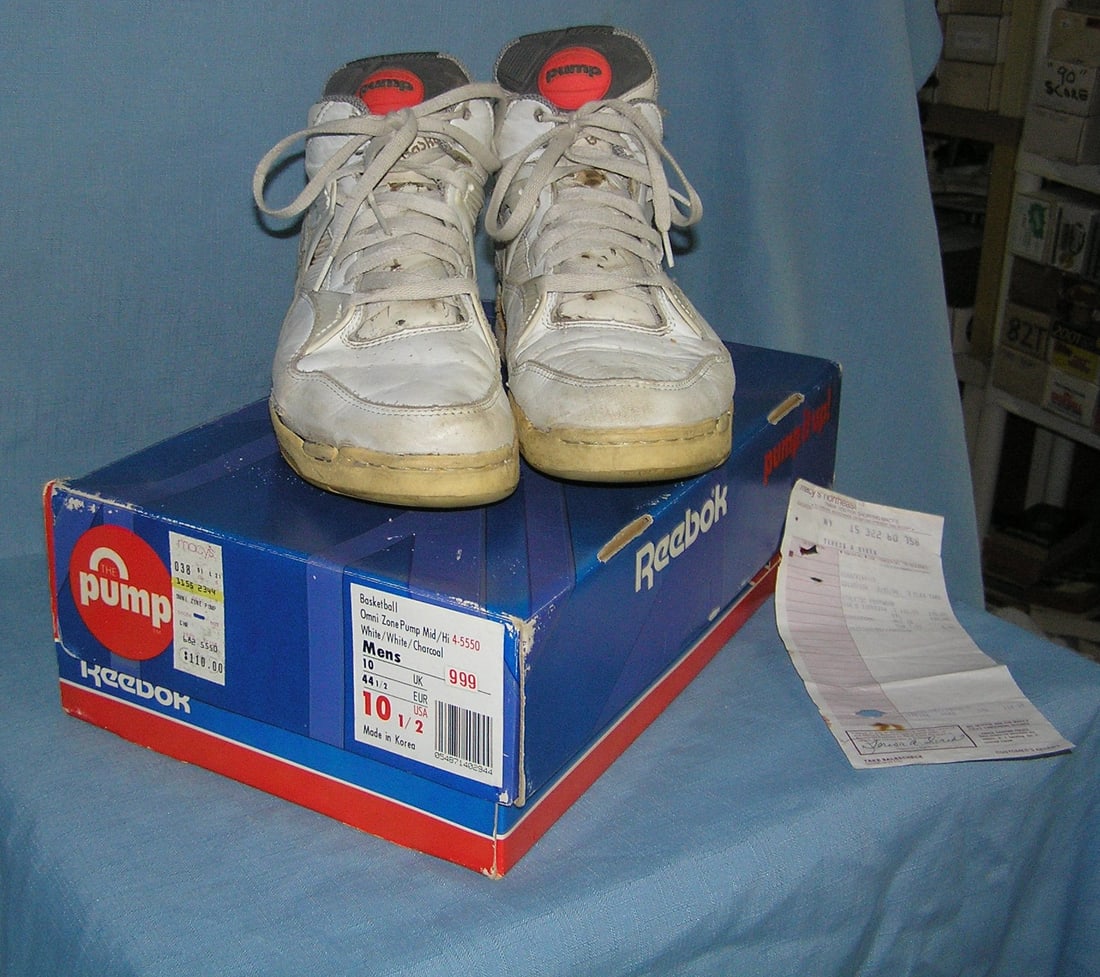 Reebok the original pump sneakers: Reebok the original pump sneakers size 10 1/2 with original box and receipt circa 1990 condition as found with sole damage which can be repaired see photos est. value $150.00-$200.00