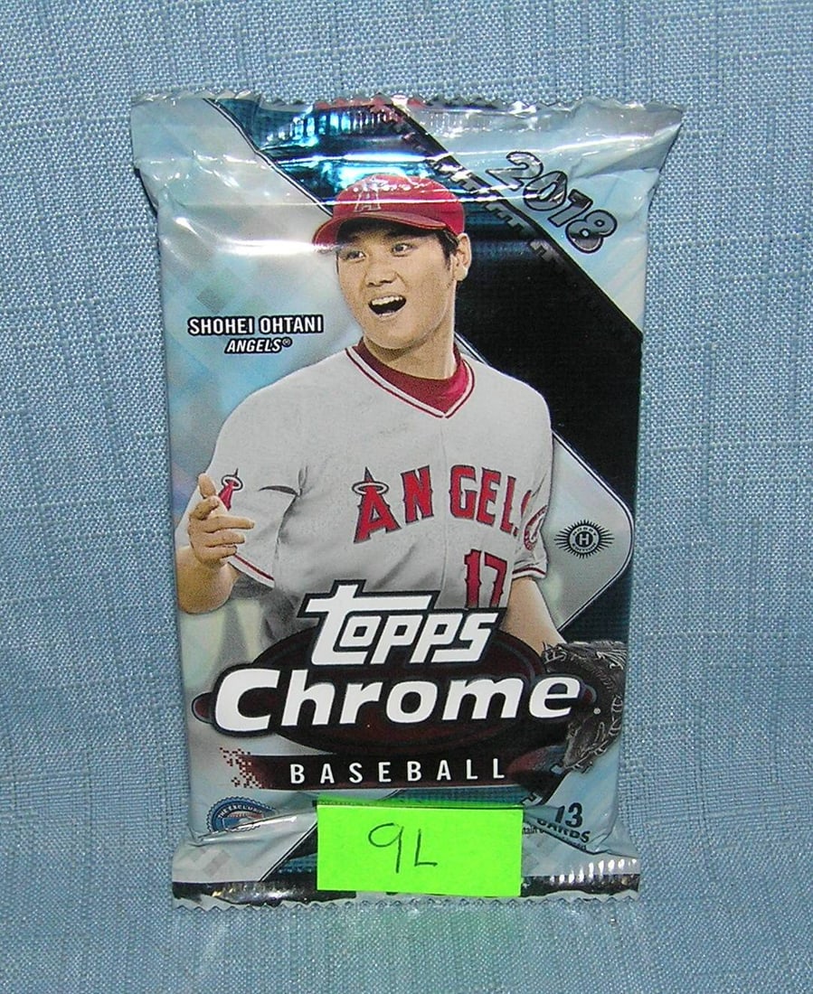 Topps Chrome factory sealed baseball card pack picturing Shohei Ohtani: Topps Chrome factory sealed baseball card pack picturing Shohei Ohtani. R. Devers, O. Alvies, R. Acuna, Juan Soto, Gleyber Torres and S. Ohtani rookie years est. value $40.00-$50.00