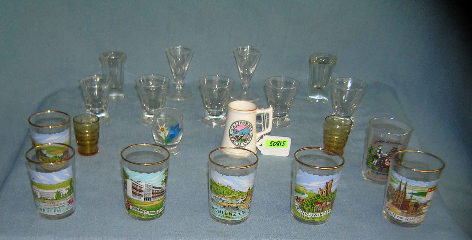 Collection of vintage shot glasses: Collection of vintage shot glasses many with advertising graphics est. value $125.00-$150.00