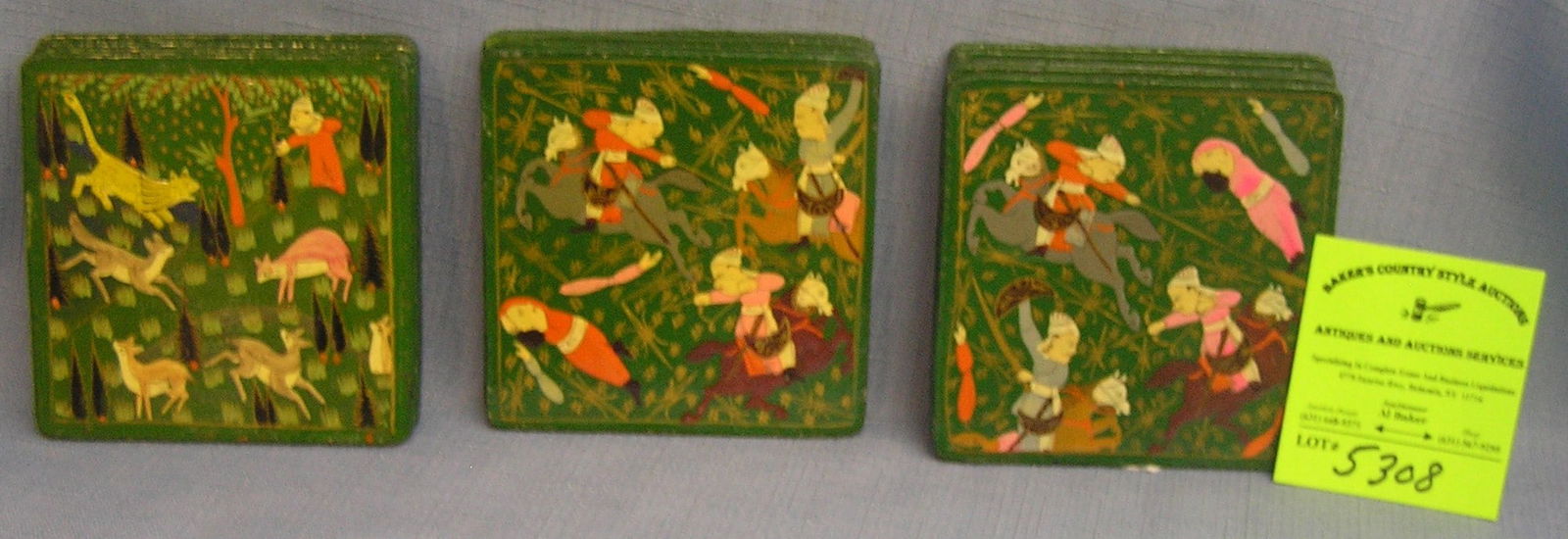 Asian warriors on horseback coaster set: Thirteen piece hand painted Asian warriors on horseback coaster set est. value $700.00-$800.00