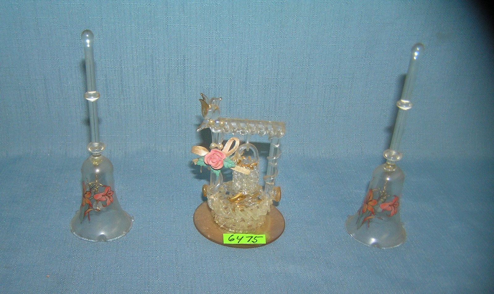 Group of 3 glass pieces includes 2 bells and a wishing well: Group of 3 glass pieces includes 2 bells and a wishing well est. value $25.00-$30.00