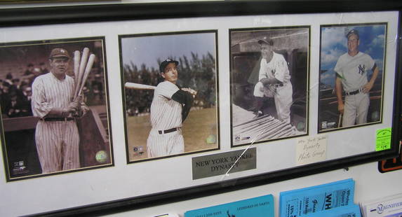 The NY Yankees dynasty matted wall collage: The New York Yankees dynasty photographic matted wall collage featuring Babe Ruth, Joe DiMaggio, Lou Gehrig and Mickey Mantle, glass as found $250.00-$300.00