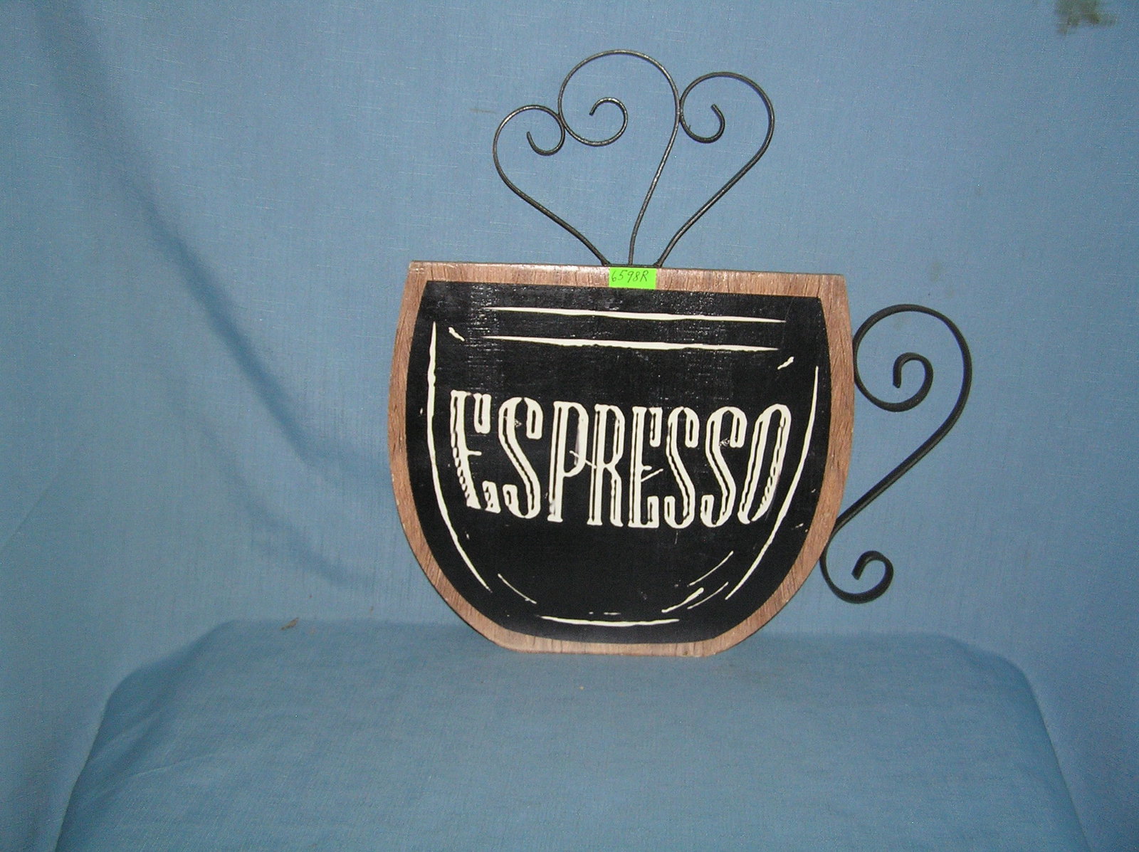 Espresso metal and wood coffee cup shaped advertising sign: Espresso metal and wood coffee cup shaped advertising sign est. value $40.00-$50.00
