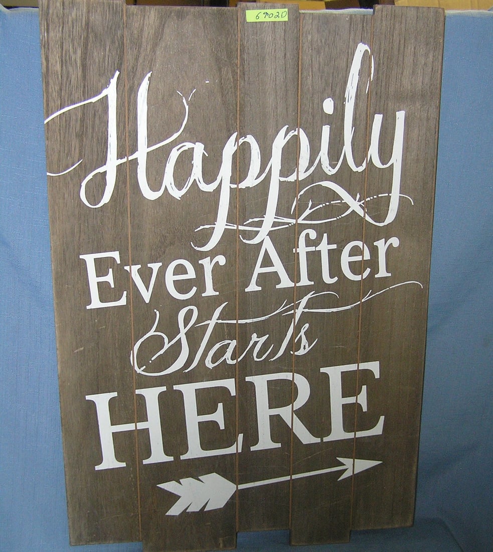 Happily Ever After Starts Here painted wood sign: Happily Ever After Starts Here painted wood sign 13 inches by 23 inches est. value $65.00-$75.00