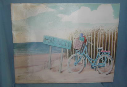 Beach and beach cruiser bicycle scene oil on canvas painting (1 of 1)