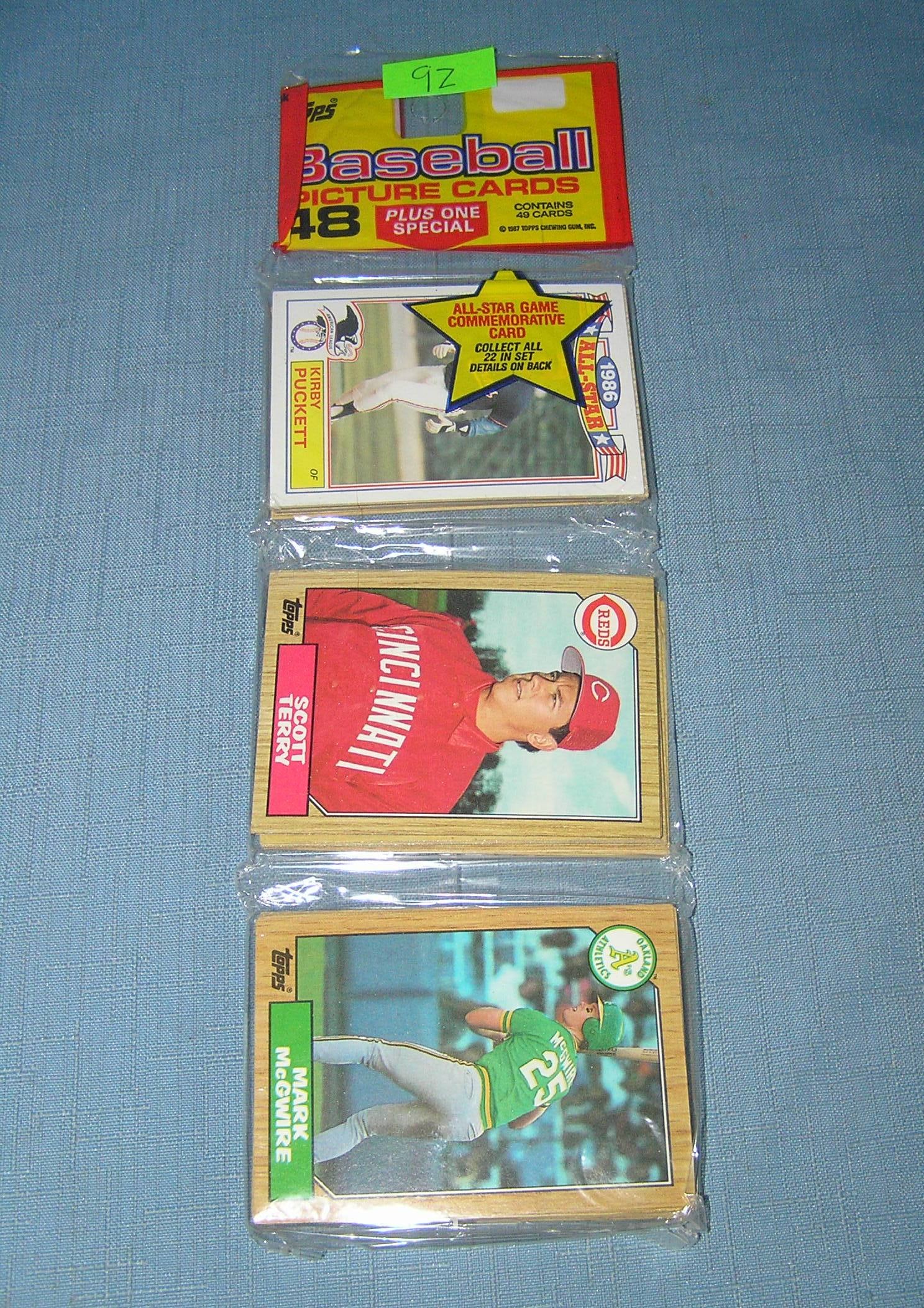 1987 Topps factory sealed rack pack showing Mark McGwire and Kirby Pucket: 1987 Topps factory sealed rack pack showing Mark McGwire and Kirby Pucket est. value $35.00-$40.00