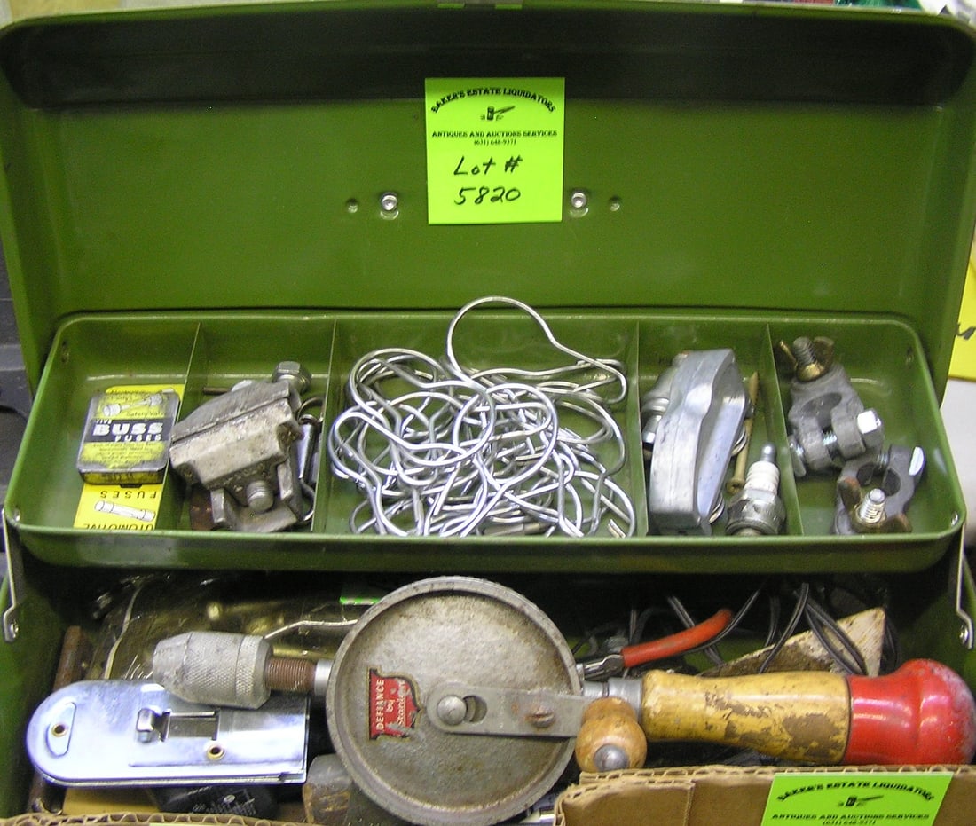Box full of tools, hardware and accessories: Box full of tools, hardware and accessories $75.00-$100.00