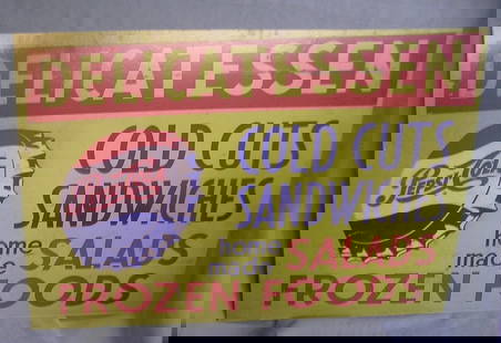 Antique retro style Pepsi Cola delicatessen  retro style advertising sign: Antique retro style Pepsi Cola delicatessen retro styleadvertiaing sign large 20 inches by 30 inches mounted on masonite board est. value $200.00-$250.00