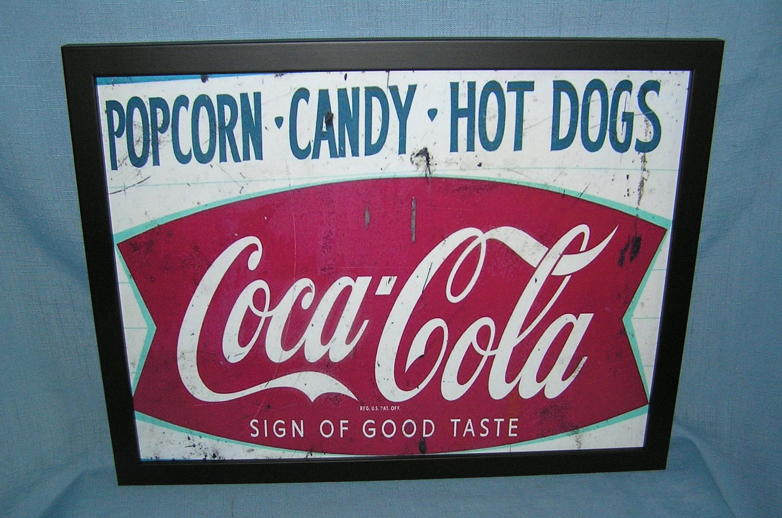 Coca Cola popcorn, candy and hot dogs framed retro style advertising sign (1 of 1)