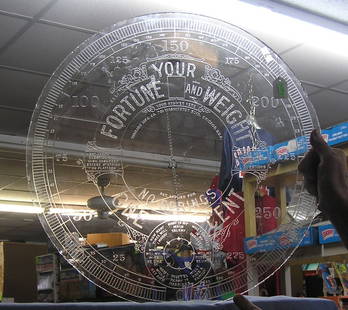 Early Coney Island 1 cent glass display piece: Early Coney Island 1 cent fortune and weight etched glass display piece removed from an antique scale that tells weight and fortune goes from 0 to 300 Lbs from the Watling Mfg Co. Chicago USA at Coney