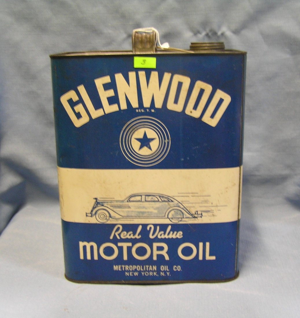 Glenn wood motor oil vintage oil can: Glenn wood motor oil vintage oil can with early automotive graphics circa 1930â€™s two gallon size $225.00-$275.00