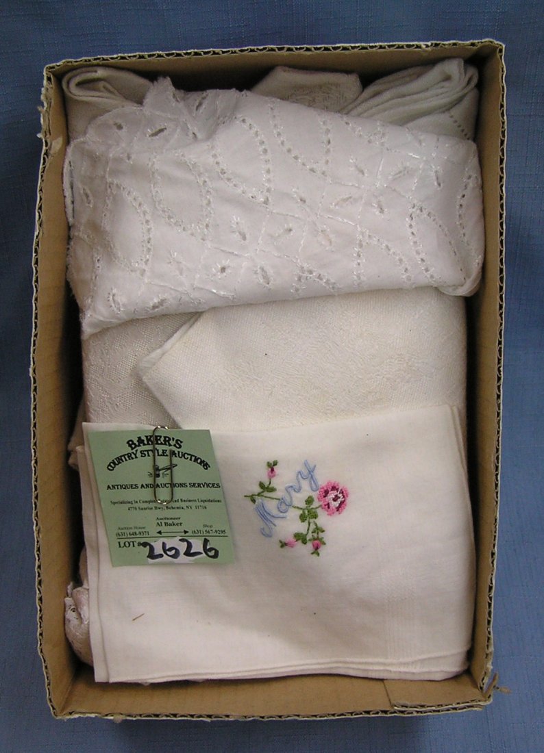 Box of vintage linens including napkins, hankies and: Box of vintage linens including napkins, hankies and more est. value $25.00-$30.00