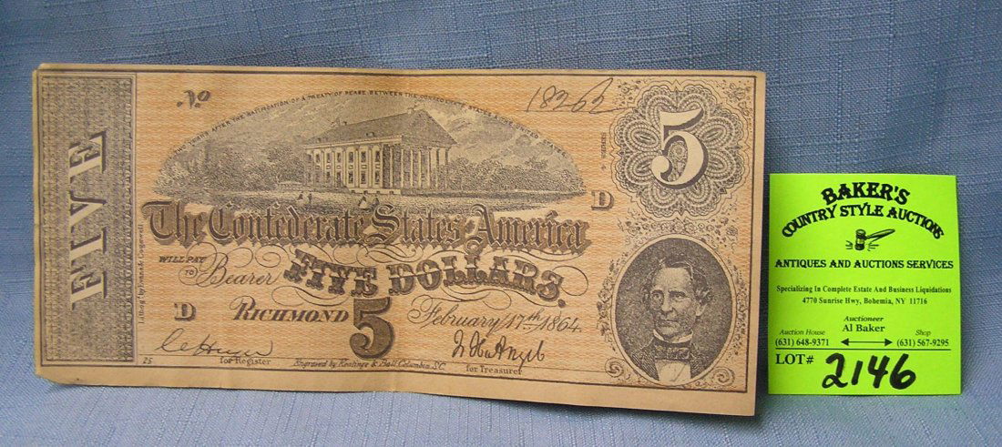 100th anniversary Civil War confederate 5 dollar bill: High quality 100th anniversary civil war confederate 5 dollar bill est. value $40.00-$60.00