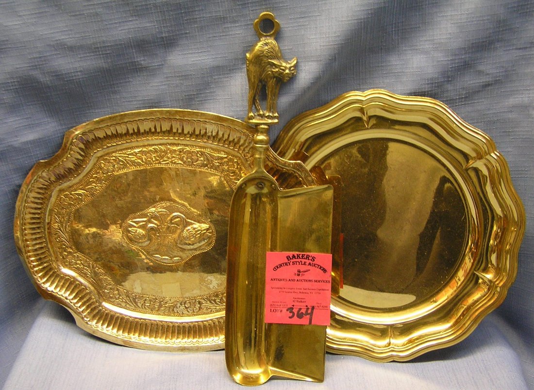 Group of three solid brass high quality serving pieces: Group of three solid brass high quality serving pieces including a cat decorated silent butler $50.00-$75.00