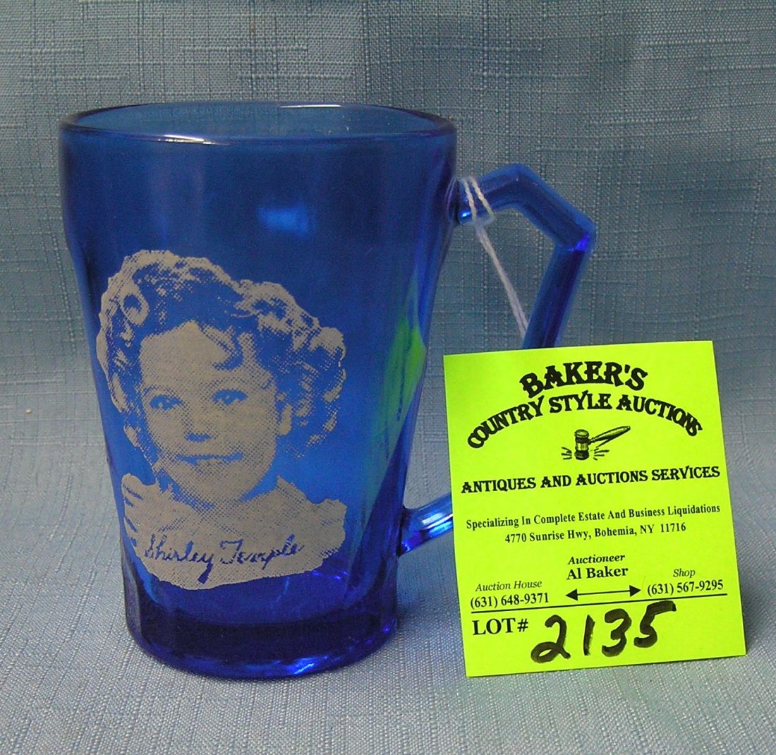 Vintage cobalt blue Shirley Temple decorated handled: Vintage cobalt blue Shirley Temple decorated handled drinking glass est. value $55.00-$65.00