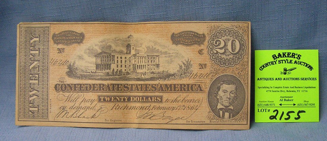 Civil War confederate 20 dollar bill: High quality 100th anniversary Civil War confederate 20 dollar bills est. value $50.00-$75.00