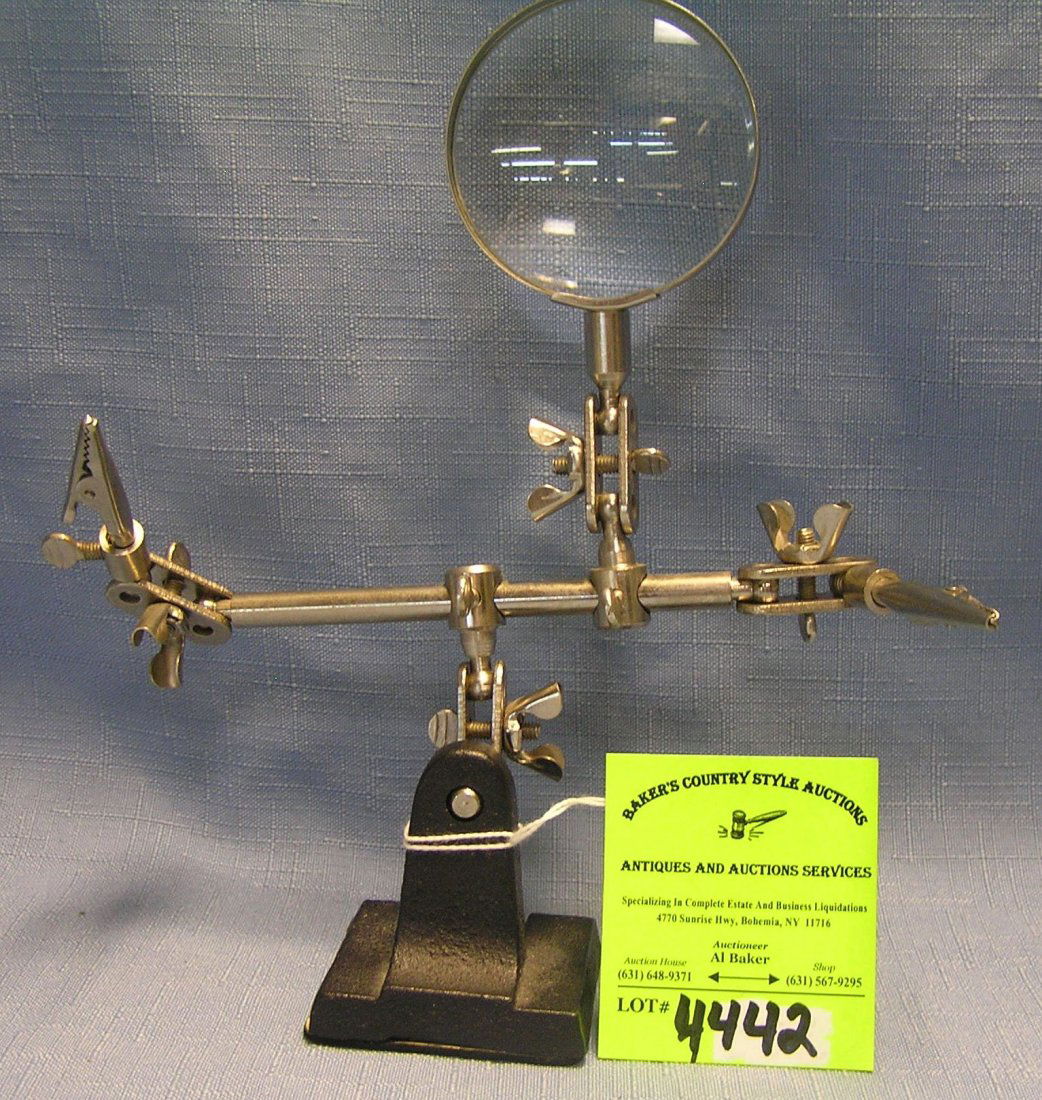 Vintage jewelers bench mounted magnifying glass: Vintage jewelers bench mounted magnifying glass and work holding set $40.00-$50.00