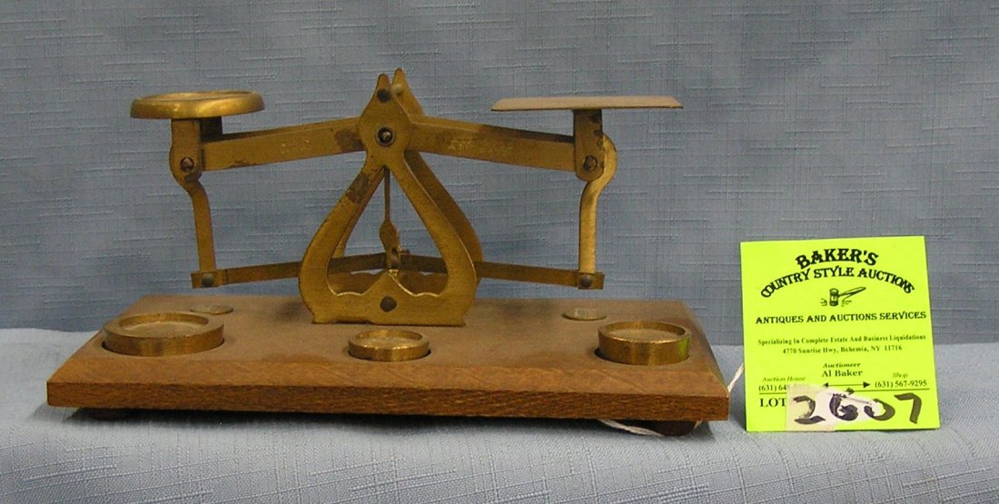 Antique English brass and oak balancing scale: Antique English brass and oak balancing scale est. value $125.00-$150.00
