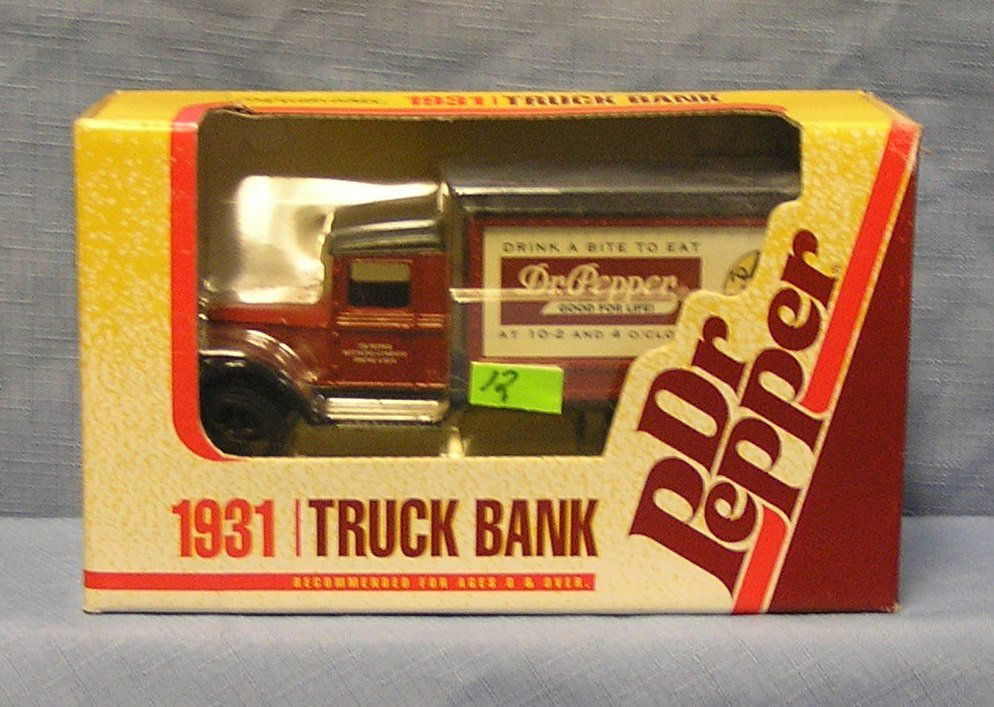 Vintage Dr. Pepper delivery truck bank: Vintage Dr. Pepper all cast metal delivery truck bank mint with original box est. value $50.00-$75.00