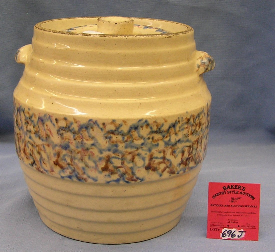 Antique decorated yelloware cookie jar: Antique decorated yelloware cookie jar circa early 1900's est. value $125.00-$150.00