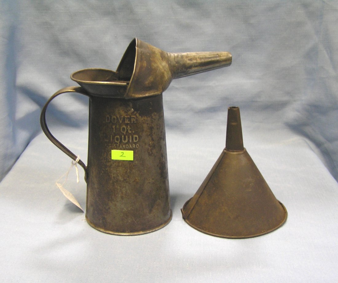 Antique one quart automotive oil can and funnel: Antique one quart automotive oil can and funnel circa 1920’s est. value $75.00-$80.00