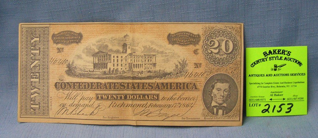 Civil War confederate 20 dollar bill: High quality 100th anniversary Civil War confederate 20 dollar bills est. value $50.00-$75.00