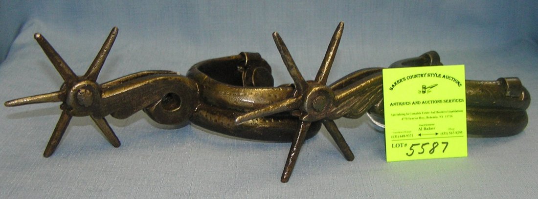 Pair of heavy etched Don Pedro spurs: Pair of heavy etched Don Pedro spurs 8’’ long $100.00-$125.00