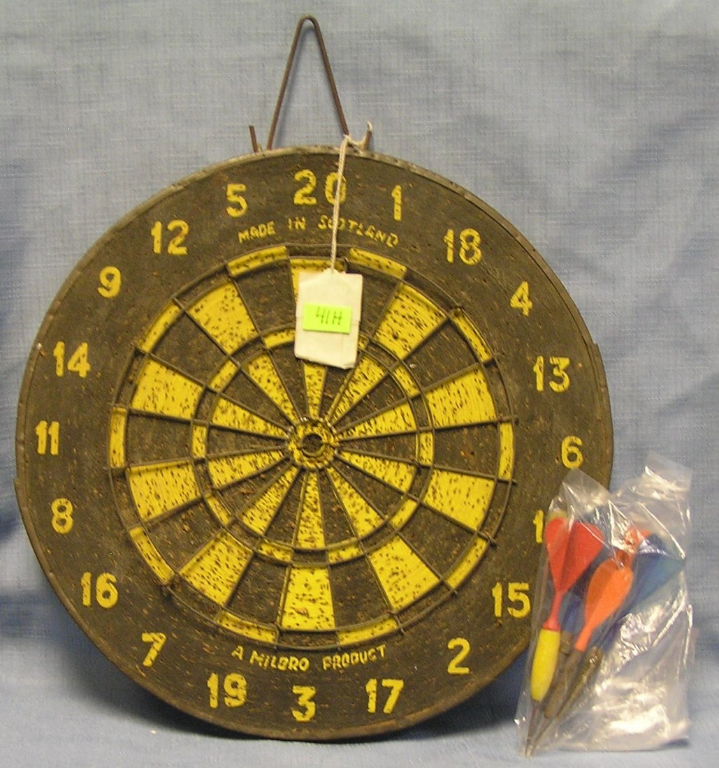 Early dart board with original darts: Early dart board with original darts made in Scotland est. value $30.00-$40.00