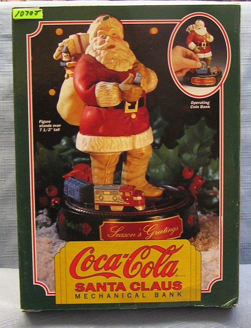 Vintage Coca Cola mechanical Santa Claus bank: Vintage Coca Cola mechanical Santa Claus and Lionel train set mechanical bank first in the series mint in original box $150.00-$175.00