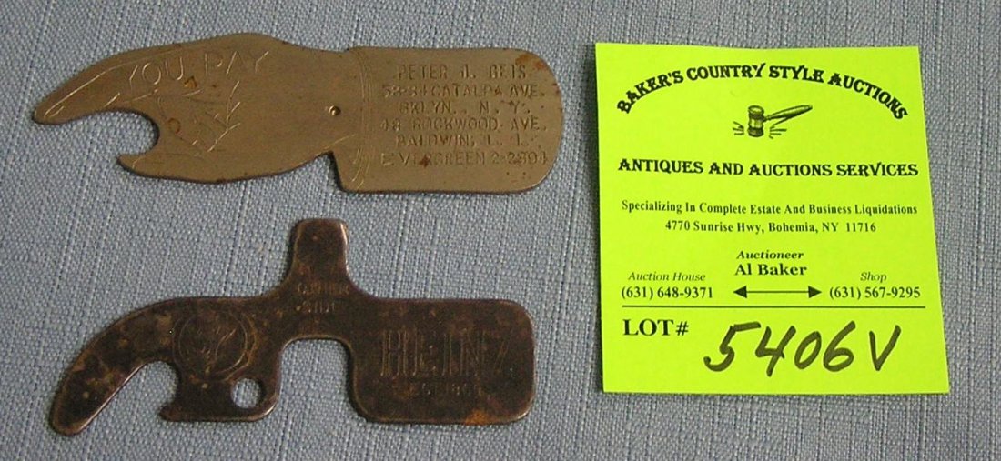 Pair of early advertising bottle openers: Pair of early advertising bottle openers includes a Heinz pickle and ketchup piece est. 1869 $40.00-$50.00