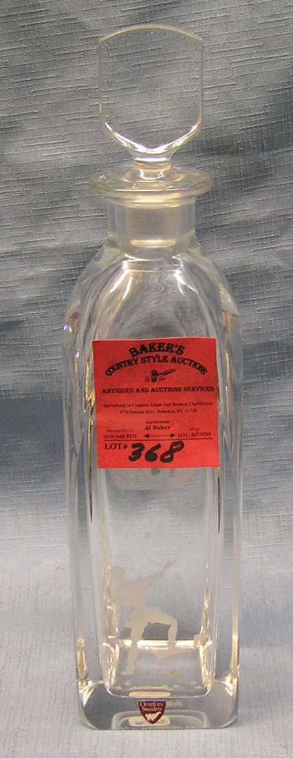 Heavy signed Orrefors of Sweden etched crystal glass: Heavy signed Orrefors of Sweden etched crystal glass decanter with Romeo and Juliet theme est. value $200.00-$300.00