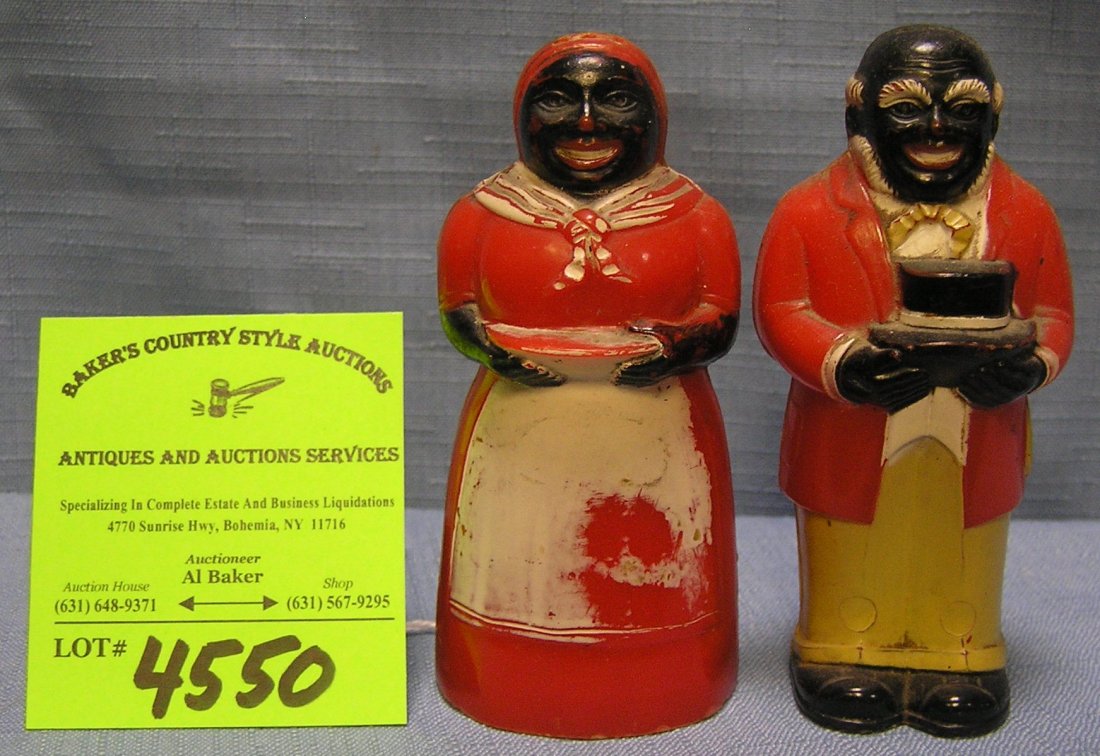 Aunt Jemima and Uncle Remus Bakelite S&P shaker set: Early 3 ½ inch Aunt Jemima and Uncle Remus Bakelite salt and pepper shaker set $65.00-$75.00
