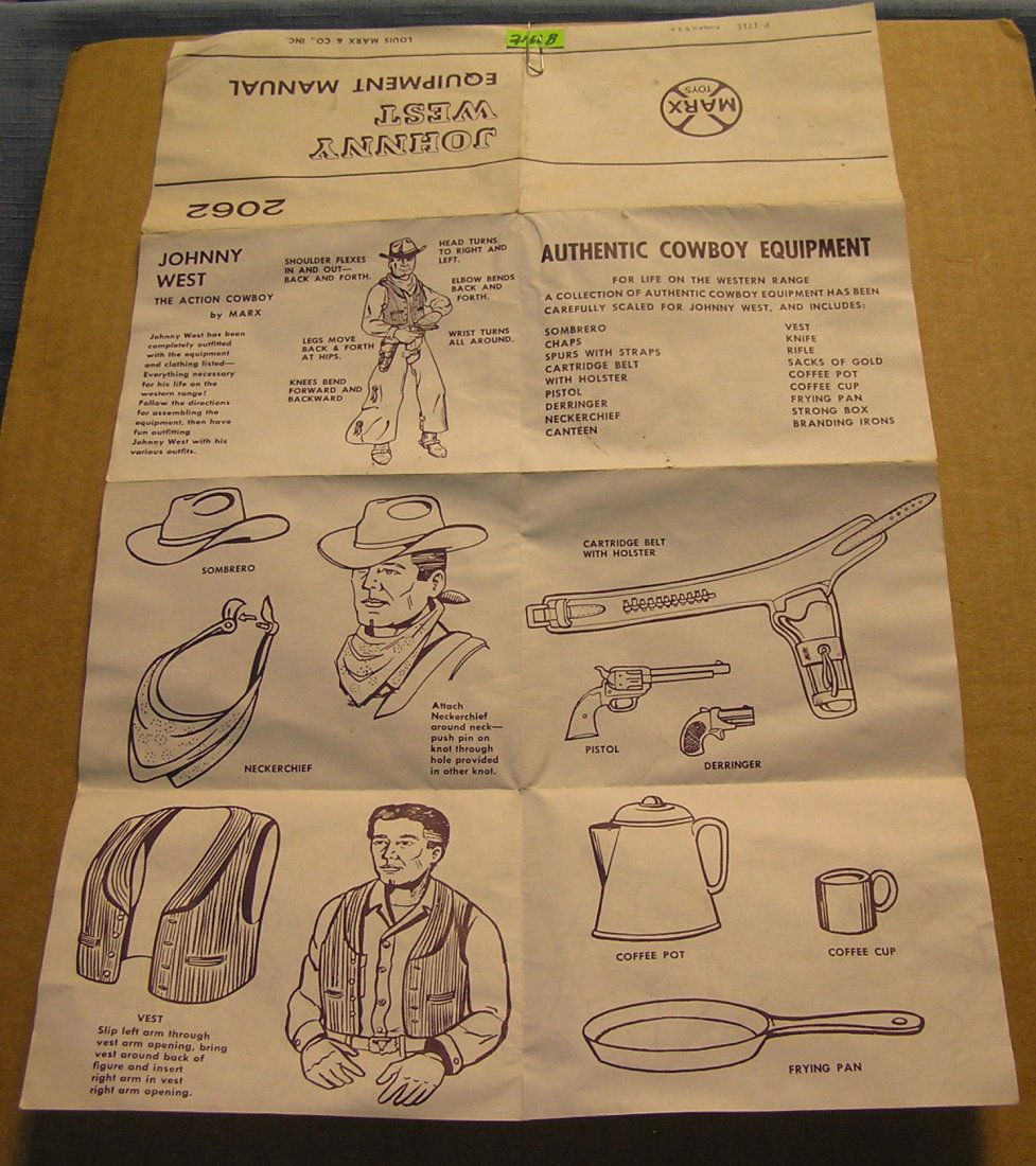 Vintage Marx Toys Johnny West equipment brochure: Vintage Marx Toys Johnny West double sided equipment brochure est. value $25.00-$35.00