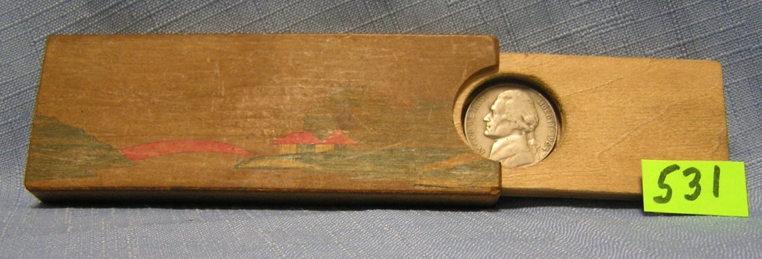 Antique disappearing coin trick box: Antique disappearing coin trick box hand painted Asian design on front marked made in Occupied Japan est. value $40.00-$50.00