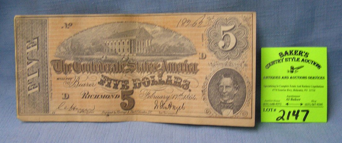 Civil War confederate 5 dollar bill: High quality 100th anniversary Civil War confederate 5 dollar bill est. value $40.00-$60.00