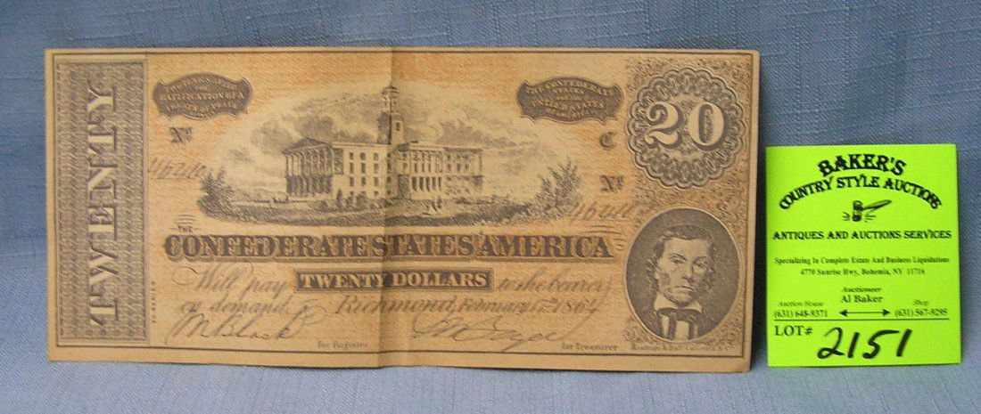 Civil War confederate 20 dollar bill: High quality 100th anniversary Civil War confederate 20 dollar bills est. value $50.00-$75.00