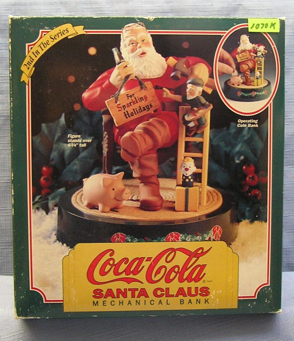 Vintage Coca Cola mechanical Santa Claus bank: Vintage Coca Cola mechanical Santa Claus mechanical bank with original box second in the series $125.00-$150.00