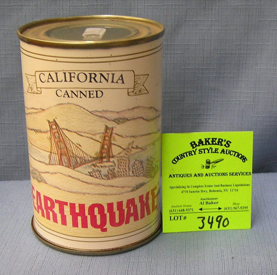 Vintage California Earthquake mechanical tin can: Vintage California Earthquake mechanical battery operated shaking tin can est. value $25.00-$30.00