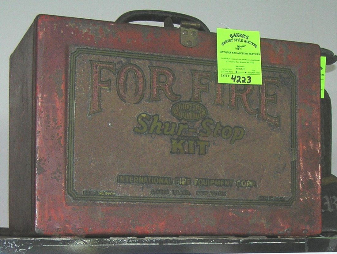 Antique fire grenade kit by Shur-Stop: Antique fire grenade kit by Shur-Stop Staten Island NY circa early 1900’s kit contains six never used fire grenades and high quality metal storage box with handle inscribed on front: FOR FIRE $900.0