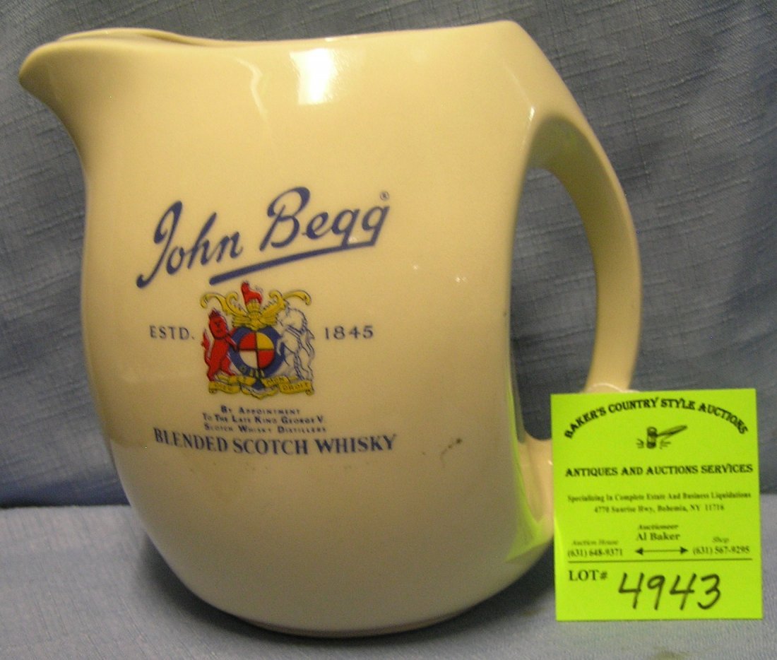 John Begg advertising whiskey water pitcher: Vintage John Begg blended scotch whiskey advertising whiskey water pitcher $45.00-$50.00