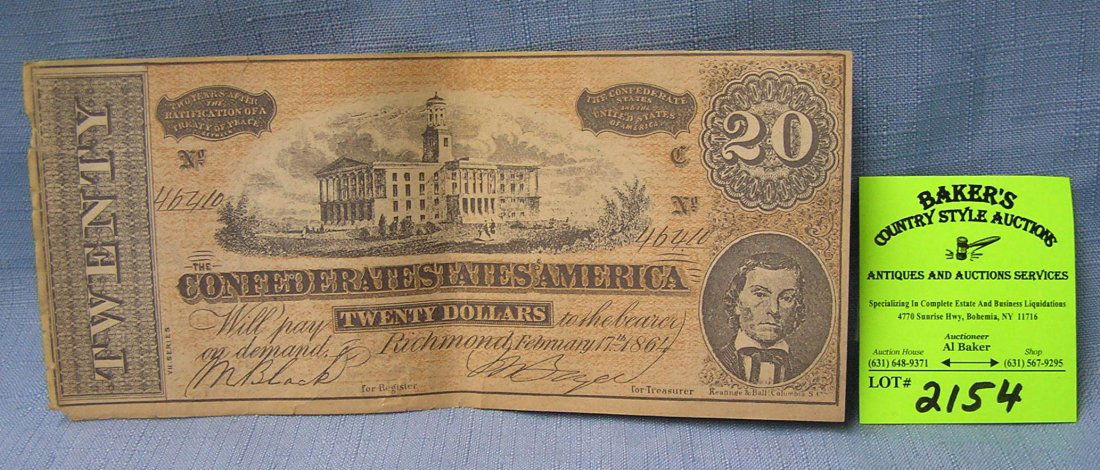 Civil War confederate 20 dollar bill: High quality 100th anniversary Civil War confederate 20 dollar bills est. value $50.00-$75.00