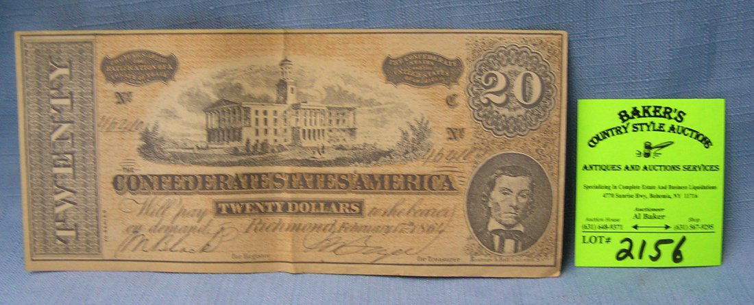 Civil War confederate 20 dollar bill: High quality 100th anniversary Civil War confederate 20 dollar bills est. value $50.00-$75.00