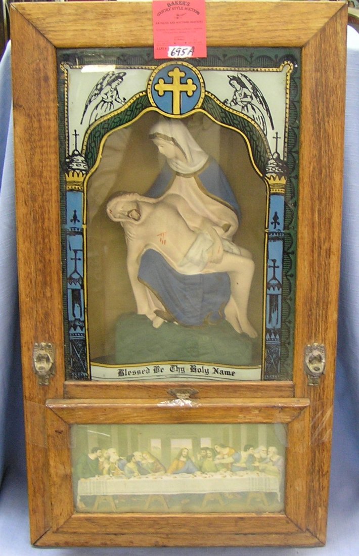 Antique oak reverse painted glass relgious votive box: Antique oak reverse painted glass relgious votive box est. value $200.00-$300.00