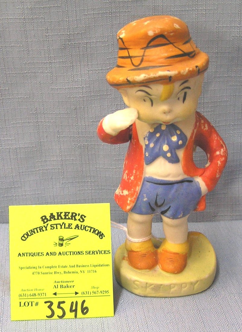 Antique hand painted bisque Skippy cartoon character: Antique hand painted bisque Skippy cartoon character figure with mechanical right arm excellent condition circa 1930’s est. value $250.00-$300.00
