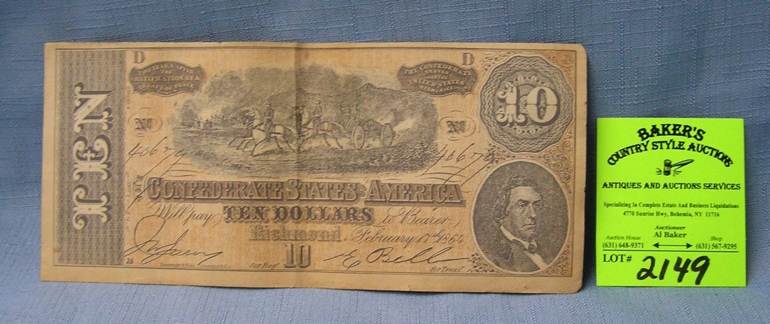 Civil War confederate 10 dollar bill: High quality 100th anniversary Civil War confederate 10 dollar bill est. value $50.00-$60.00