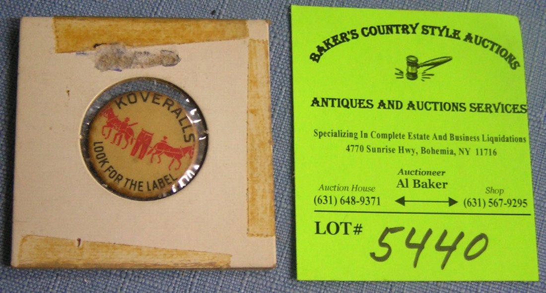 Antique sweater jeans and clothing adverting pin back: Antique sweater jeans and clothing adverting pin back button for their line of overalls circa early 1900’s $50.00-$60.00